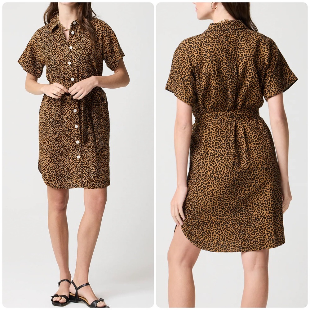 J.Crew Animal Print Linen-blend Belted Mini Shirt Dress Warm Brandy Black